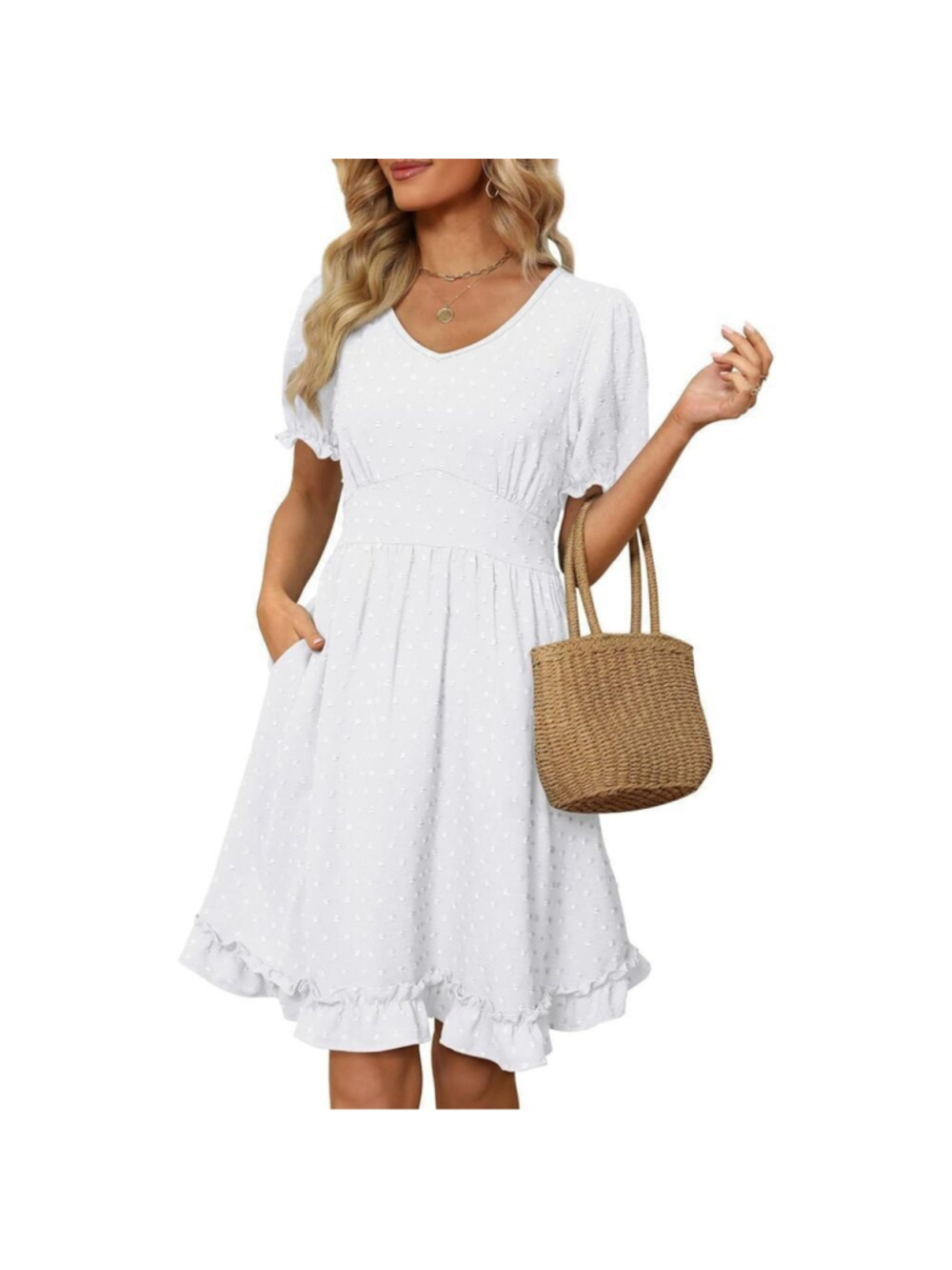NEW White V Neck Short Sleeve Swiss Dot Mini Dress Pockets M - Picture 5 of 8
